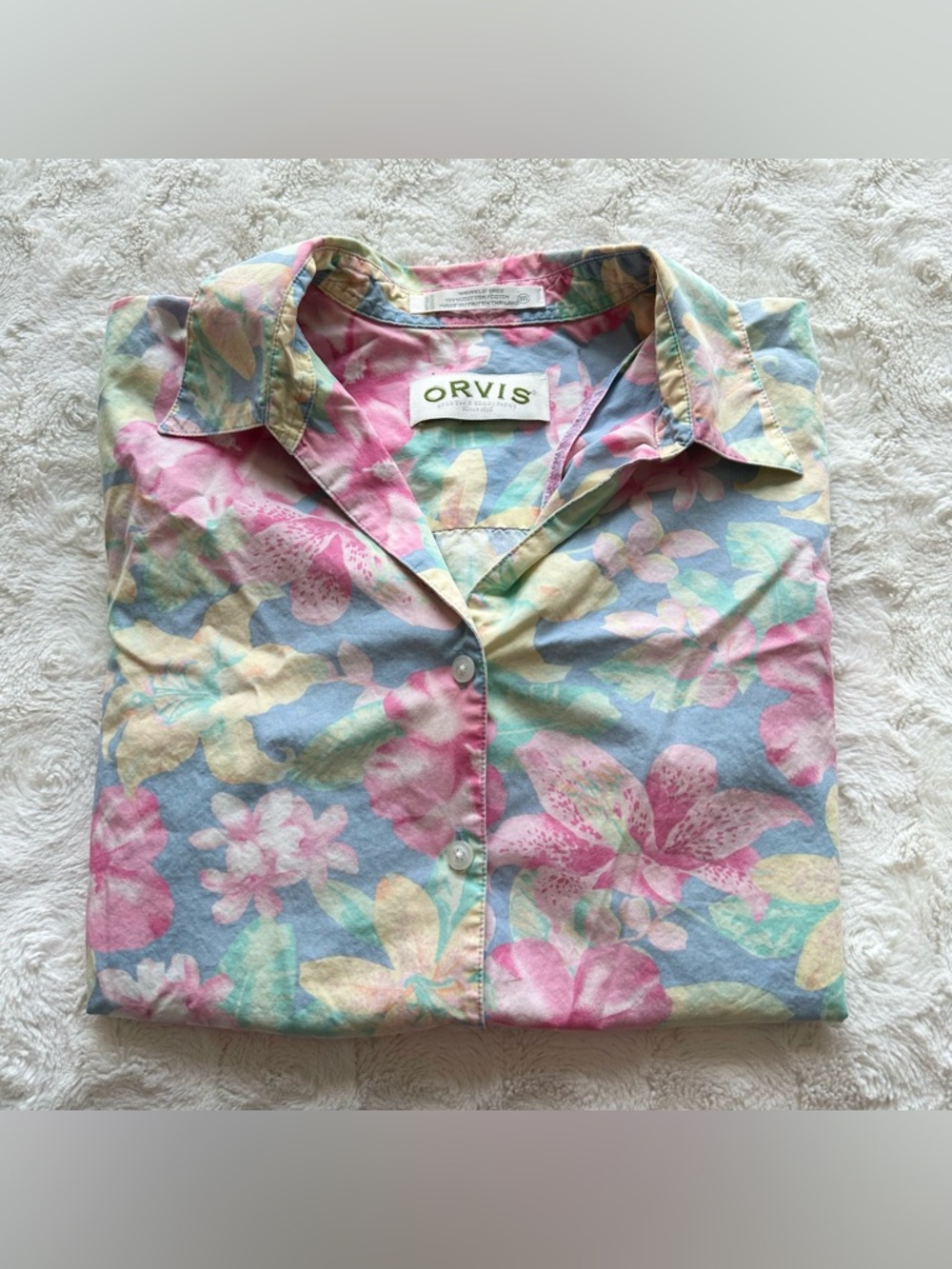 Vintage Orvis Hawaiian Shirt Womens 10 Blue Floral Hibiscus Single Stitch 90s